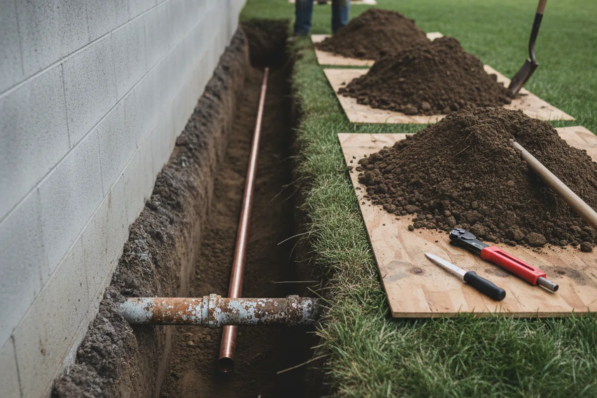 Excavated water line trench during Sewer Line Repair in Silverton